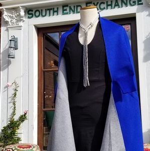 Blue and Grey Sleeved Shawl with Fringe